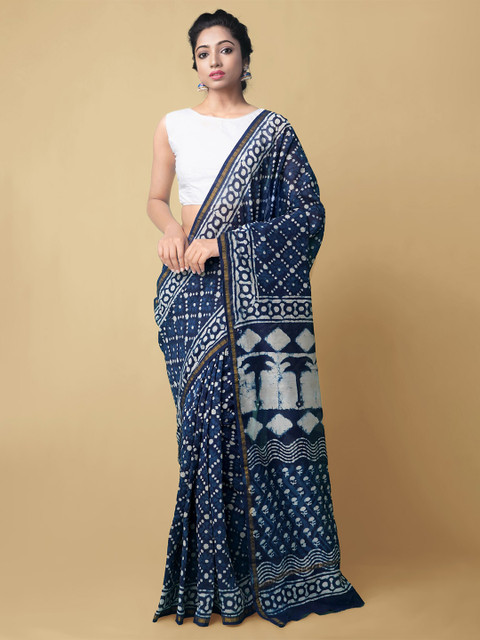 

Unnati Silks Navy Blue & White Dabu Silk Cotton Chanderi Handloom Saree