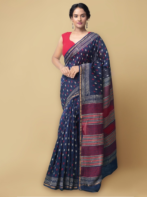 

Unnati Silks Navy Blue & White Dabu Zari Silk Cotton Chanderi Saree