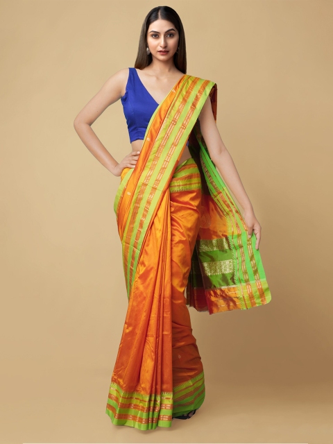 

Unnati Silks Orange & Green Pure Silk Narayan Peth Saree
