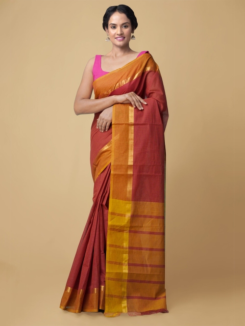 

Unnati Silks Red & Orange Checked Pure Cotton Mangalagiri Saree