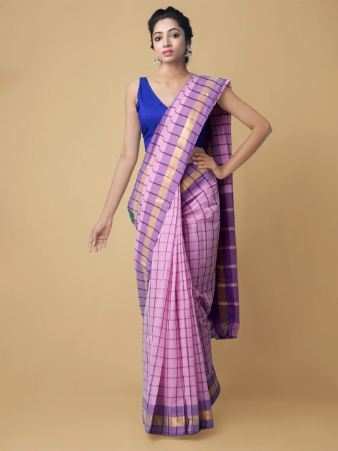 

Unnati Silks Pink & Blue Checked Pure Cotton Mangalagiri Handloom Saree