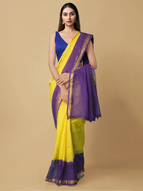 

Unnati Silks Yellow & Purple Floral Pure Cotton Kota Saree