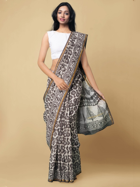

Unnati Silks Grey & White Dabu Zari Silk Cotton Chanderi Saree