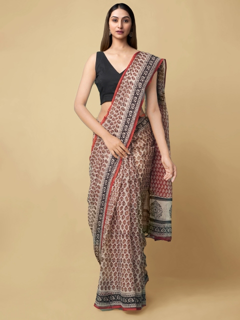 

Unnati Silks Cream-Coloured & Brown Dabu Pure Cotton Kota Saree