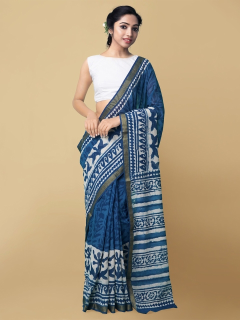 

Unnati Silks Blue & White Dabu Pure Cotton Dabu Handloom Saree