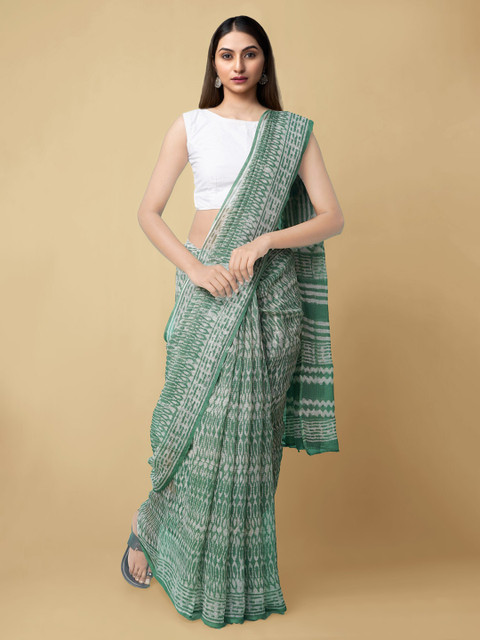 

Unnati Silks Green & White Dabu Pure Cotton Kota Handloom Saree