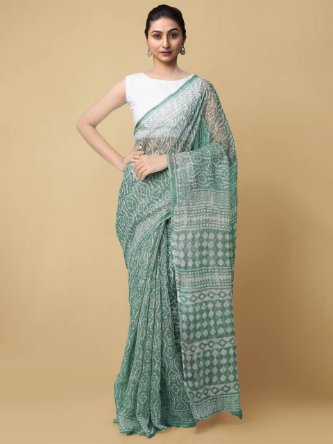 

Unnati Silks Green & Off White Batik Pure Cotton Kota Saree