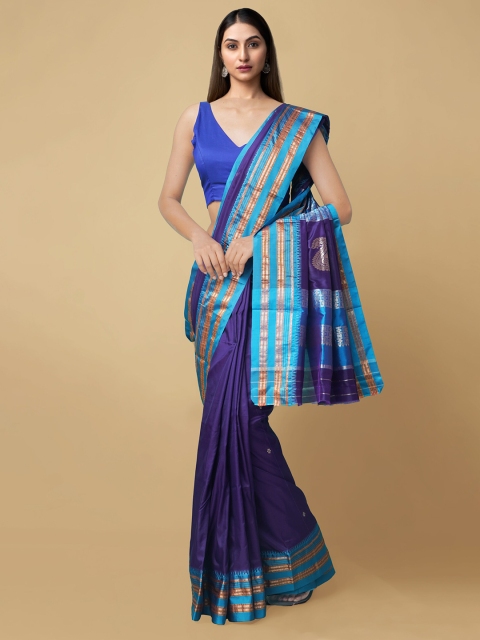

Unnati Silks Violet & Turquoise Blue Floral Zari Pure Silk Narayan Peth Handloom Saree