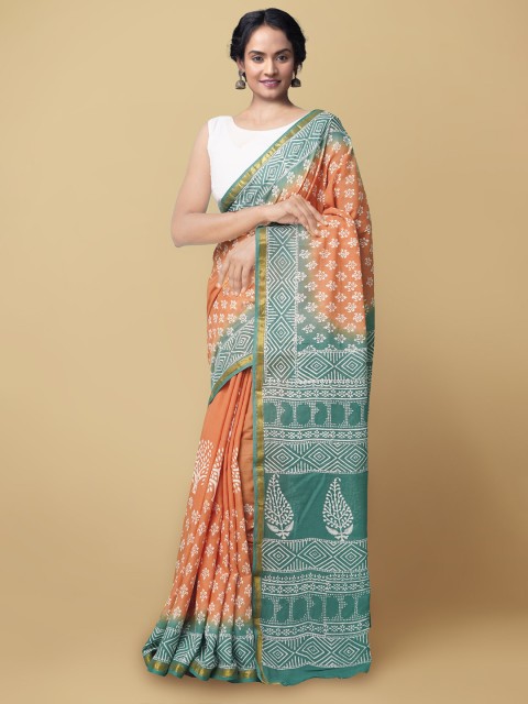 

Unnati Silks Orange & Sea Green Floral Pure Cotton Handloom Block Print Saree