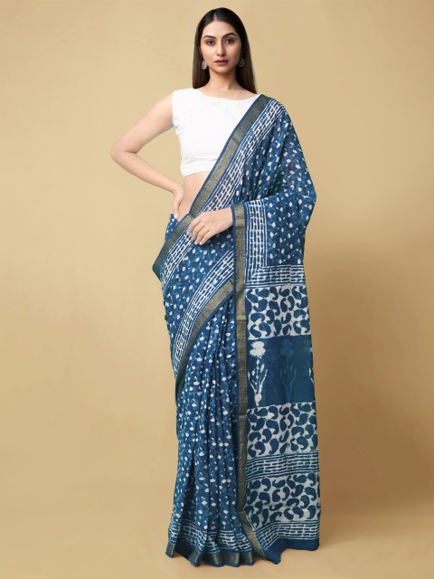 

Unnati Silks Blue & Off White Dabu Pure Cotton Dabu Saree