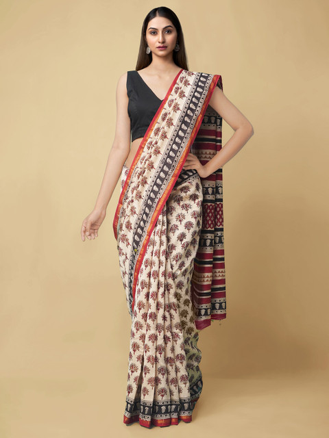 

Unnati Silks Beige & Red Floral Zari Silk Cotton Chanderi Saree