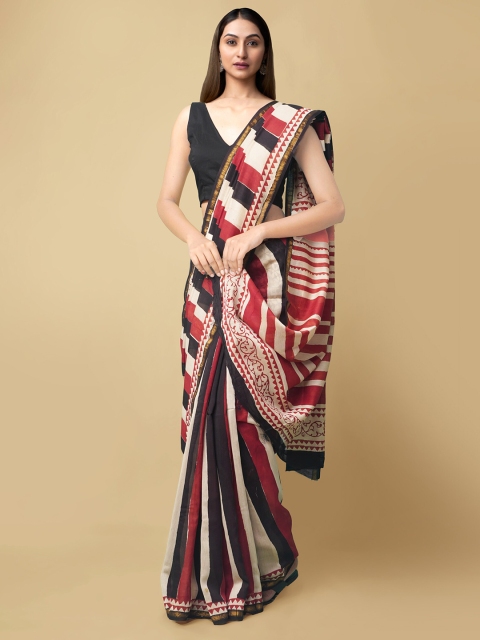 

Unnati Silks Red & Black Striped Silk Cotton Chanderi Handloom Saree