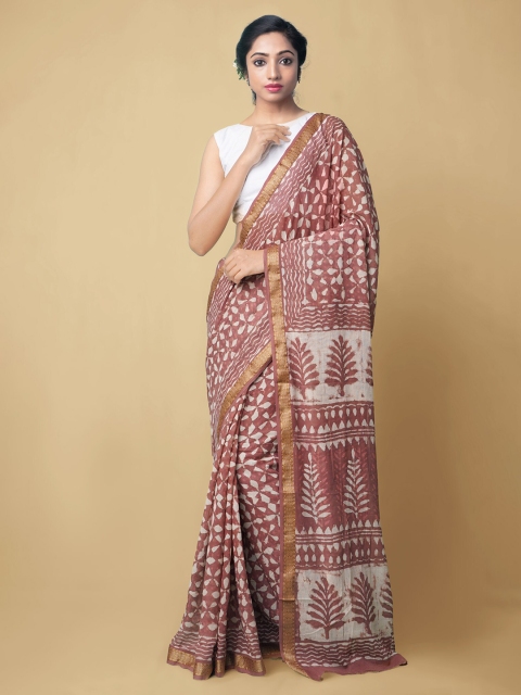 

Unnati Silks Pink & Off White Dabu Pure Cotton Handloom Dabu Saree