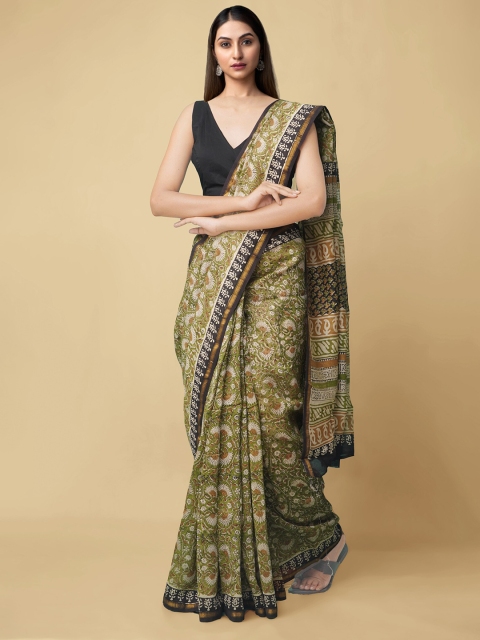 

Unnati Silks Green & Black Paisley Zari Silk Cotton Chanderi Saree