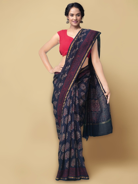 

Unnati Silks Navy Blue & Red Dabu Silk Cotton Chanderi Handloom Saree