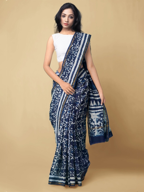 

Unnati Silks Blue & Off White Batik Zari Silk Cotton Handloom Chanderi Saree