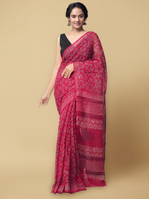 

Unnati Silks Red & Beige Floral Zari Silk Cotton Chanderi Saree