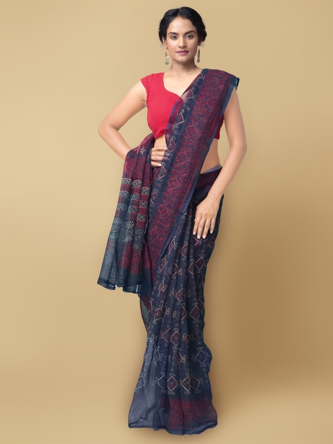 

Unnati Silks Navy Blue & Red Ethnic Motifs Silk Cotton Chanderi Handloom Saree