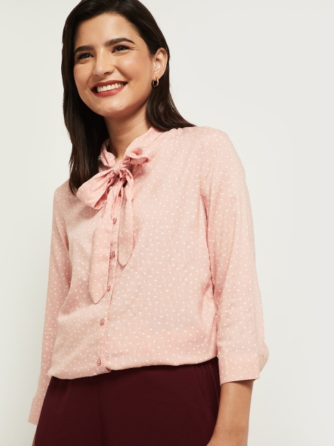 

max Women Pink Micro Printed Tie-Up Neck Shirt