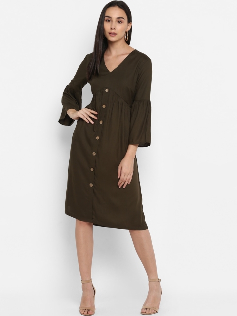 

FOSH Women Olive Green Bell Sleeves Empire Dress