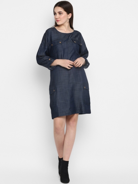 

FOSH Navy Blue Denim A-Line Dress