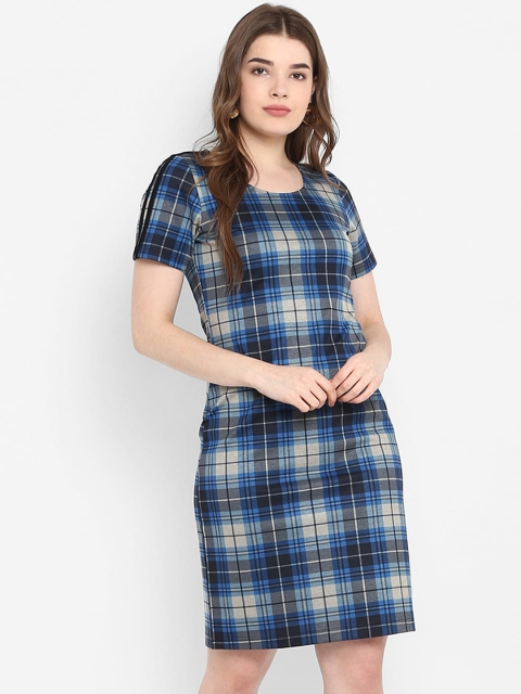 

FOSH Women Blue and Black Checked Sheath Dress