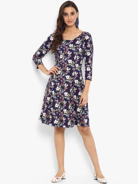 

FOSH Women Navy Blue & White Floral Printed A-Line Dress