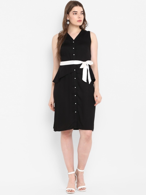 

FOSH Women Black Solid Shirt Dress With White Belt