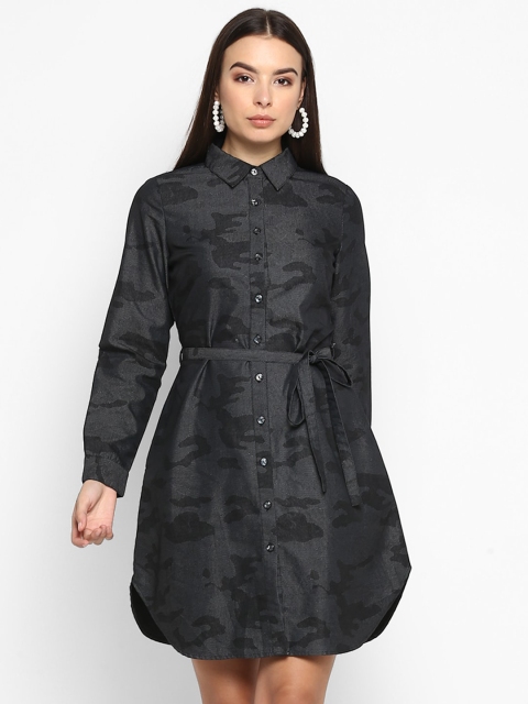 

FOSH Women Black & Charcoal Grey Camouflage Printed Belted Denim Shirt Dress