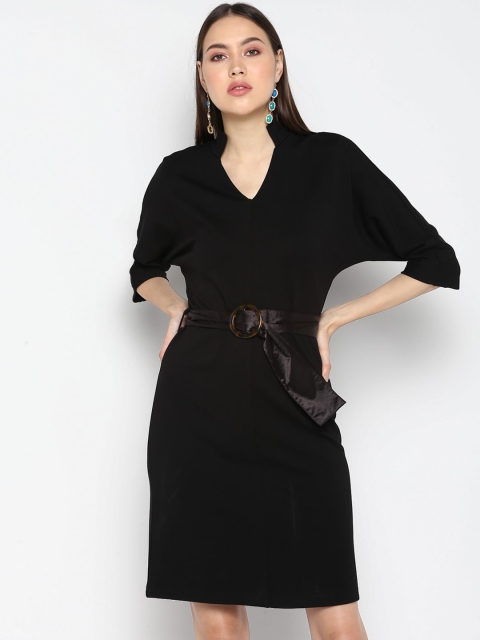 

FOSH Women Black Solid Sheath Dress with Belt