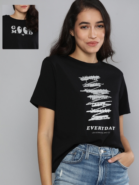 

Levis Women Black Two-Way Typography Printed Monochrome Pure Cotton T-shirt