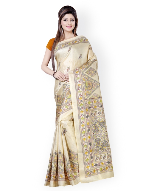 

Saree mall Beige Khadi Silk Madhubani Print Saree