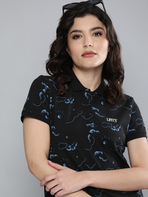 

Levis Women Black & Blue Printed Polo Collar T-shirt