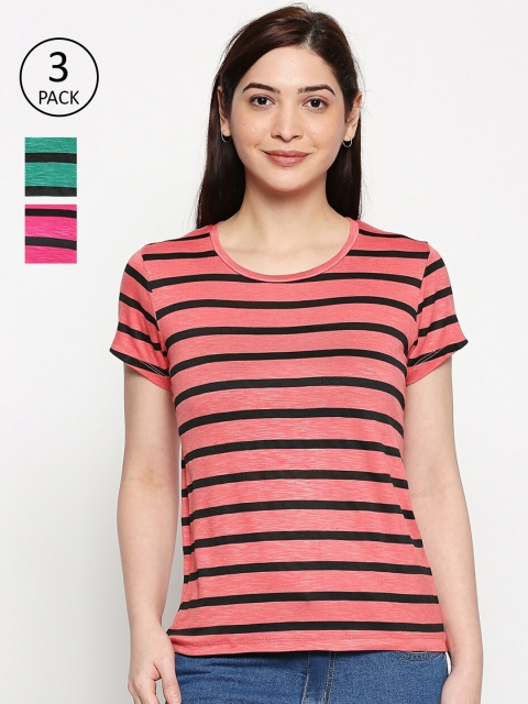 

inocenCia Women Pack of 3 Striped T-shirts, Green