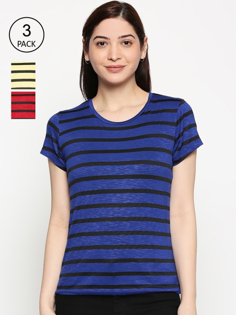 

inocenCia Women Pack of 3 Blue & Yellow Striped T-shirts