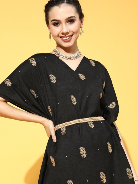 

Indo Era Deep Black and Gold Embroidered Kurta with Printed Trousers