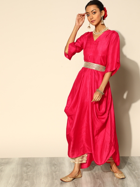 

Indo Era Women Pink Flared Sleeves Mirror Work Kurta With Embellished Belt