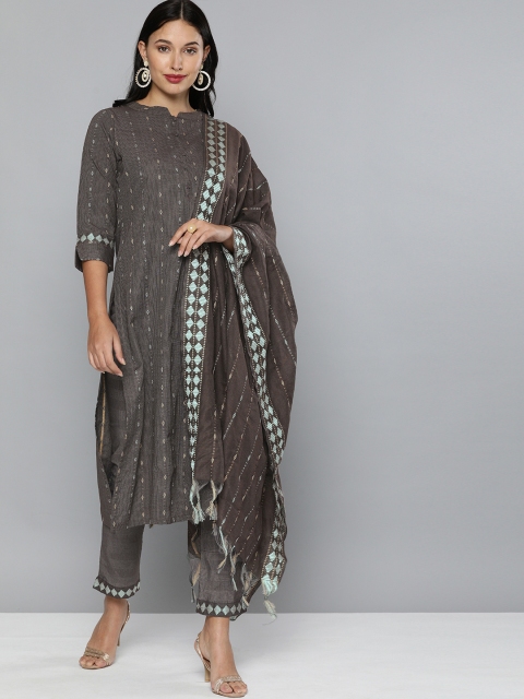 

Kvsfab Coffee Brown & White Ethnic Motif Patterned Pure Cotton Unstitched Dress Material