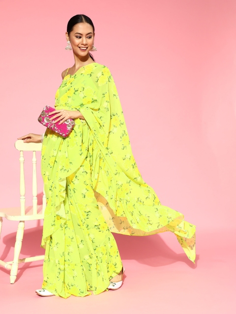 

Inddus Lime Green & Yellow Floral Beads and Stones Belted & Ruffled Saree