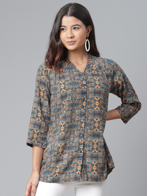 

Ayaany Teal Blue & Orange Shirt Style Top