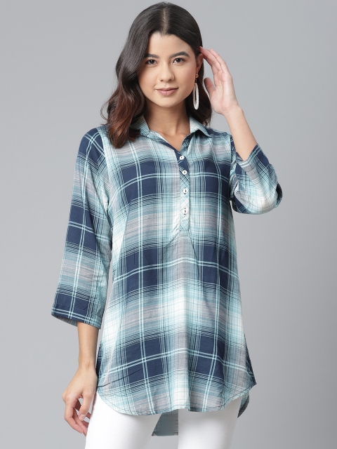 

Ayaany Women Green & Blue Pure Cotton Checked Longline Shirt