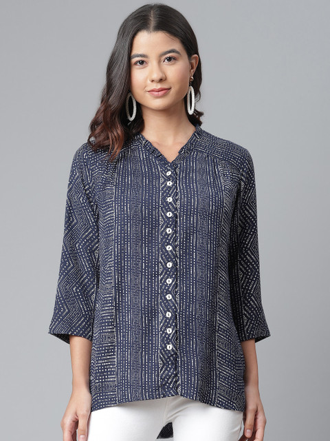 

Ayaany Women Navy Blue & Off-White Pure Cotton Printed Casual Shirt