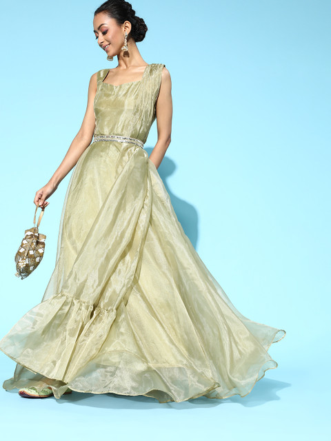

Inddus Green Solid Gown with Attached Dupatta & Belt