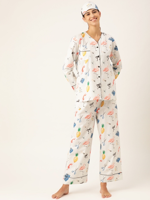 

Rapra The Label Women White & Pink Flamingo Printed Pure Cotton Night suit With Eye Mask