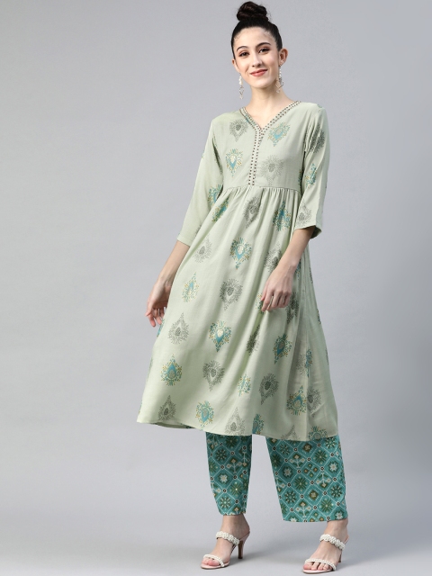 

Sbo Fashion Women Green & Blue Ethnic Motifs Printed Kurta with Palazzos