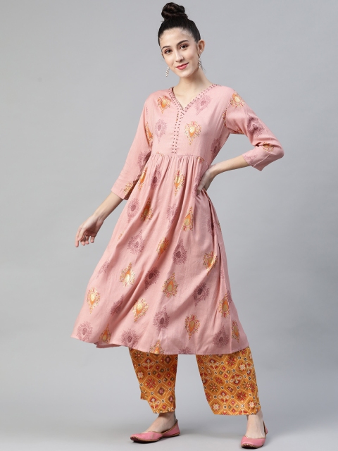 

Sbo Fashion Women Pink & Mustard Yellow Ethnic Motifs Printed Pleated Kurta with Palazzos
