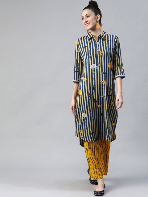 

Sbo Fashion Women Navy Blue & Mustard Yellow Striped Kurta with Palazzos