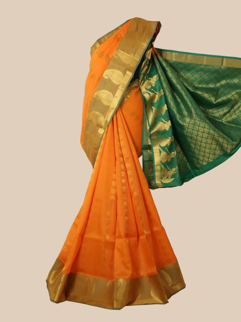 

Pothys Orange & Green Paisley Zari Pure Silk Kanjeevaram Saree