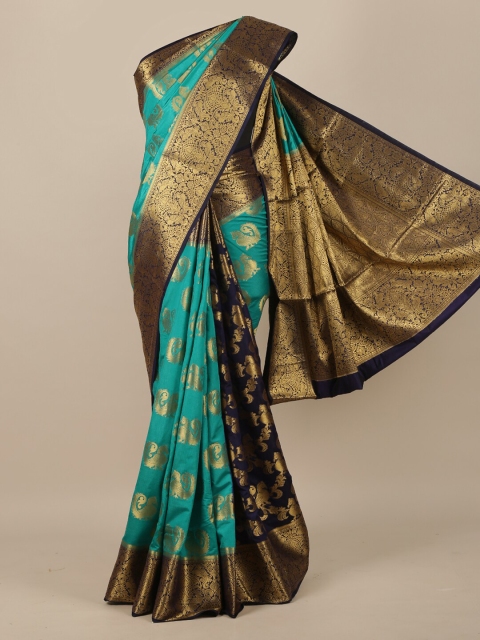

Pothys Sea Green & Navy Blue Ethnic Motifs Zari Jute Silk Saree