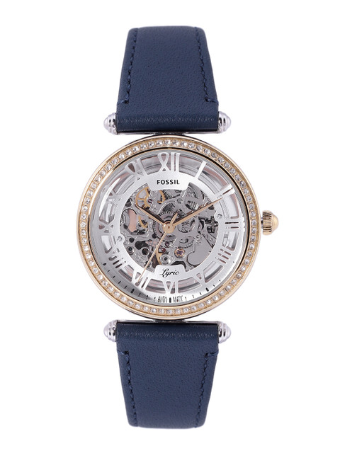 

Fossil Women Silver-Toned Skeleton Dial Leather Strap Automatic Watch ME3199